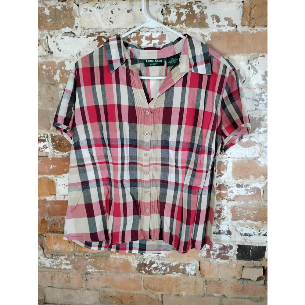 Lemon Grass Studio Women’s Button-Up Shirt XL Plaid Short Sleeve 100% Cotton